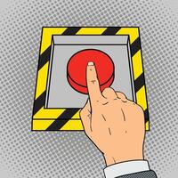 Hand push the red button pop art retro style illustration. Comic book imitation vector