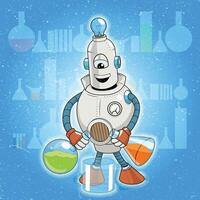 illustration cartoon robot makes science experiment vector
