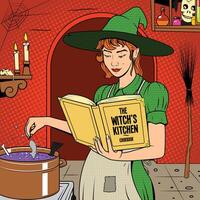 Witch preparing potion pop art retro style colorful illustration vector