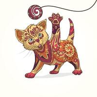 Kitten with abstract ornament hand drawn illustration vector