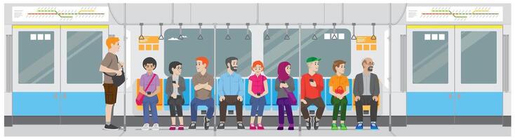 a cartoon Illustration view of people sitting inside subway train vector