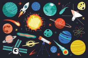 illustration set of colorful planets, rockets, stars, comets, and telescopes on black background. Space collection for astronomy, science, and outer space exploration themes, children books vector