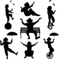 Clown in circus on stilts with balloons silhouette isolated on white background. vector
