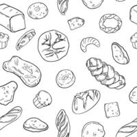 Assorted kind of bread black white seamless pattern. Loaf bread, challah, rustic rye round, ciabatta and buns in line art. Bakery goods on monochrome repeat background for packaging, textile. vector