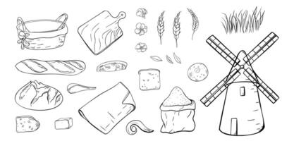 Windmill, wheat ears, empty straw basket and assorted bread hand drawn black white isolated. Set of line illustrations for themes of agriculture and flour milling, baking, and organic products. vector