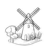 Rustic landscape of windmill, trees and grass black white illustration isolated. Rural making bread mill, tower mill hand drawn in line art for design package bread, flour, bakery, grocery. vector