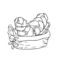 Challah bread in a straw basket black white illustration isolated. Hand drawn tradition Jewish bread in contour line art. Several challa. Element for design bakeshop, pastry, cookbook. vector