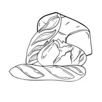 Rustic rye round bread and loaf black white illustration isolated. Hand drawn sandwich bread and baguette graphic sketch. Assorted crusty artisan bread in line art for bakeshop, packaging. vector