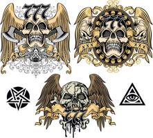 set, wings with skulls vector