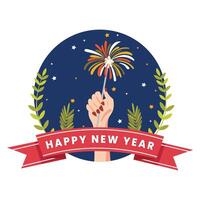 Happy New Year Greeting Card with Hand Holding Sparkling Stick on Blue and White Background. vector