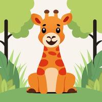 Cute Cartoon Giraffe Character Sitting on Nature Background. vector