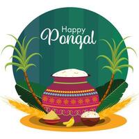 Happy Pongal Celebration Poster with Traditional Mud Pot of Rice, Banana and Sugarcane on Abstract Background. vector
