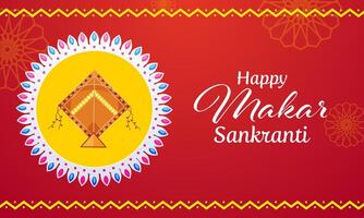 Happy Makar Sankranti Banner with Kite Circular Frame on Orange Background. vector