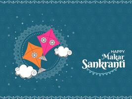 Happy Makar Sankranti Greeting Card with Two Kites and Clouds on Blue Swirl Pattern Background. vector