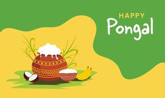 Happy Pongal Celebration Banner Design with Festival Elements on Green and Yellow Background. vector
