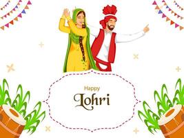Cartoon Punjabi Couple Doing Bhangra Dance with Dhol Instruments and Sugarcane on White Background For Happy Lohri Celebration. vector