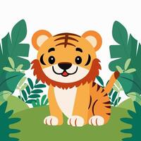 Cute Cartoon Tiger Cub Character Sitting on Nature Background. vector