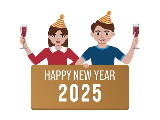 Illustration of Young Boy and Girl Celebrating 2025 Happy New Year with Drink Glasses on White Background.