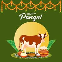Happy Pongal Celebration Poster with Cow Character and Festival Elements on Green Background. vector