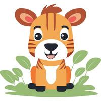 Cute Cartoon Tiger Cub Character Sitting on Nature Background. vector