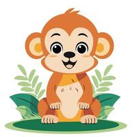 Cute Cartoon Monkey Character Sitting on Nature Background. vector