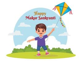 Happy Makar Sankranti Poster Design with Cartoon Boy Flying Kite in Park or Garden Scene. vector