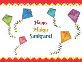 Happy Makar Sankranti Poster Design with Colorful Kites Flying on White Background. vector