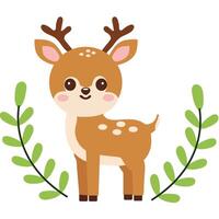 Cute Cartoon Reindeer Calf Character and Leaves on White Background. vector