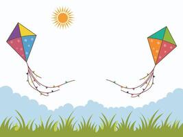 Colorful Kites and Sun on Grass Background for Happy Makar Sankranti Concept. vector