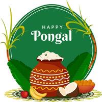 Happy Pongal Celebration Poster Design with Festival Elements on Green and White Background. vector