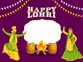Cartoon Punjabi Couple Doing Bhangra Dance with Dhol Instruments, Blank Frame and Bonfire for Happy Lohri. vector