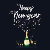 Happy New Year Greeting Card Design With Open Champagne Bottle Flying and Calligraphy Text in Dark Background Illustration. vector