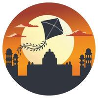 Happy Makar Sankranti Poster Design with Kite, Silhouette Building on Sun Background. vector
