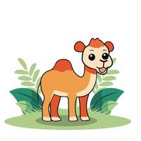 Cute Cartoon Camel Baby Character on Nature Background. vector