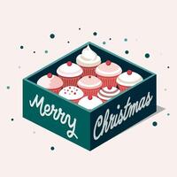 Merry Christmas Concept with Box of Cupcakes on White Background. vector