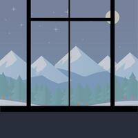 Snowy Mountain Landscape Window Scene Background. vector