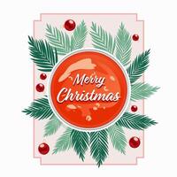 Merry Christmas Greeting Card with Top View of Soup Bowl Surrounded by Fir Leaves and Baubles on Tray. vector