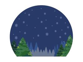 Beautiful night snowfall with christmas tree scenery in circle frame illustration. vector
