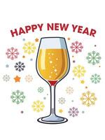 Happy New Year Greeting Card Design with Wine Glass, Colorful Snowflakes Decoration in White Background Illustration. vector