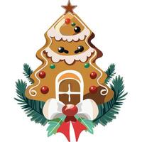 Decorative Gingerbread Xmas Tree with Bow Ribbon and Fir Leaves on White Background for Merry Christmas Festival. vector