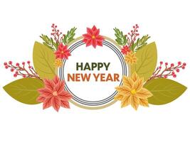 Merry Christmas Greeting Card Design with Typography in Round Frame Decor Yellow and Red Poinsettia Flower, Berries and Leaves Illustration. vector