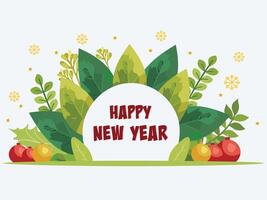 Happy New Year Greeting Card Design with Green Leaves and Baubles, Snowflake Decoration Illustration. vector