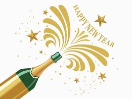Illustration of Open Champagne Bottle Flying Happy New Year Text for Celebration Background. vector