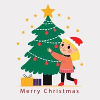 Merry Christmas Greeting Card with Cartoon Character of Girl Hugging Xmas Tree and Gift Boxes on White Background. vector
