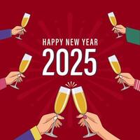 2025 Happy New Year Greeting Card Design with People Holding Wine Glass Against Red Firework Background Illustration. vector