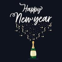 Happy New Year Greeting Card Design With Open Champagne Bottle Flying and Calligraphy Text in Dark Background Illustration. vector