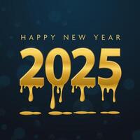 Happy New Year Poster Design with Golden 2025 Dripping in Teal Blue Bokeh Background. vector