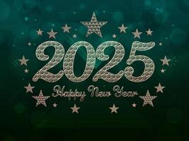 Elegant Happy New Year Greeting Card Design with Floral Swirl Pattern 2025 Number and Star Decor in Green Bokeh Background. vector