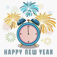 Happy New Year Celebration Time Clock with Colorful Firework Illustration. vector