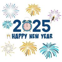 Happy New Year Greeting Card Design with Stylish 2025 Number with Clock and Colorful Fireworks in White Background. vector